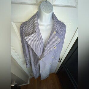 J. Crew Women’s 12 Blue White Stripe 100% Cotton Long Trench Coat Jacket L